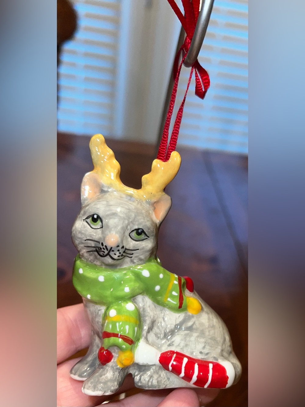 Blue Sky Clayworks Gray Cat Kitten with Antlers Christmas Ornaments Holiday